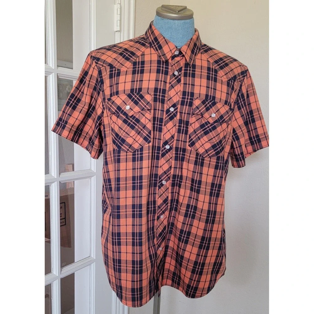 True Religion Men's Short Sleeve‎ Shirt Orange/Black Snap Button Sz 2XL/2TG
